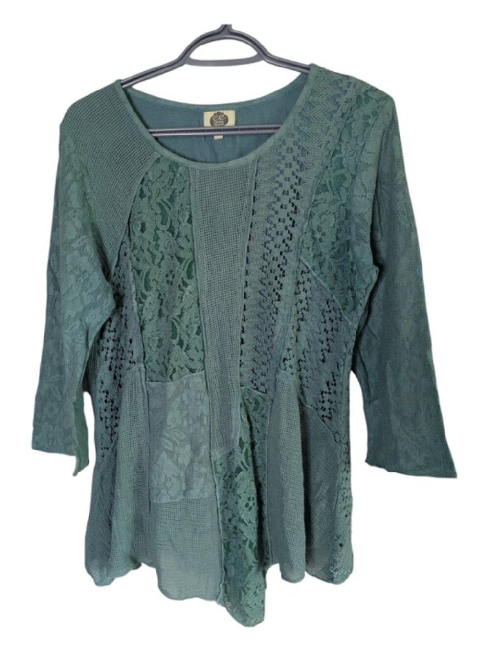 Catalog Classics Teal/Sage Crochet Lace Panels Long-Sleeve Knit Top Size Large